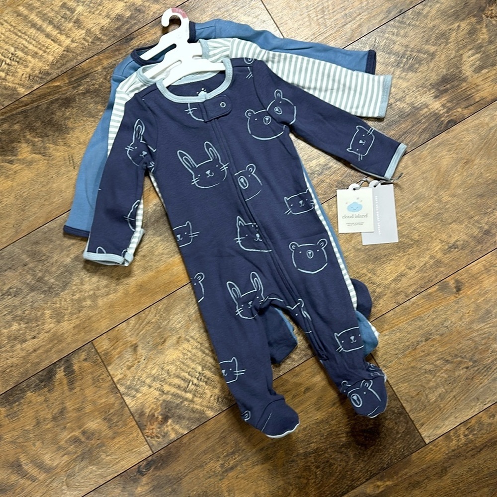 CLOUD ISLAND 3-pack Blue Footie Pajama Sleepers, Size 3-6 M, NWT